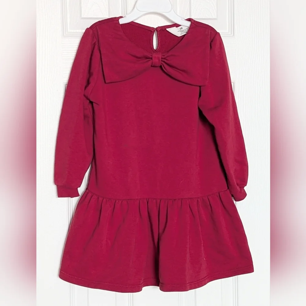 H&M Girls' (Size 4-6) Dark Red Ruffled Hem Sweatshirt Dress w/Large Bow Accent - Picture 1 of 16